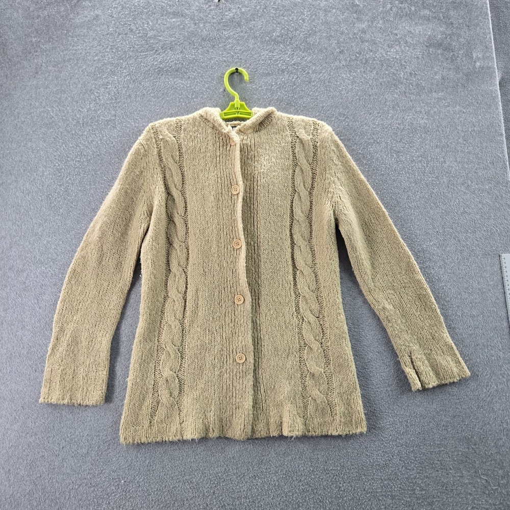 Split Women Sweatshirt M Beige Acrylic Wool Cable Knit Cardigan Button Y2K
